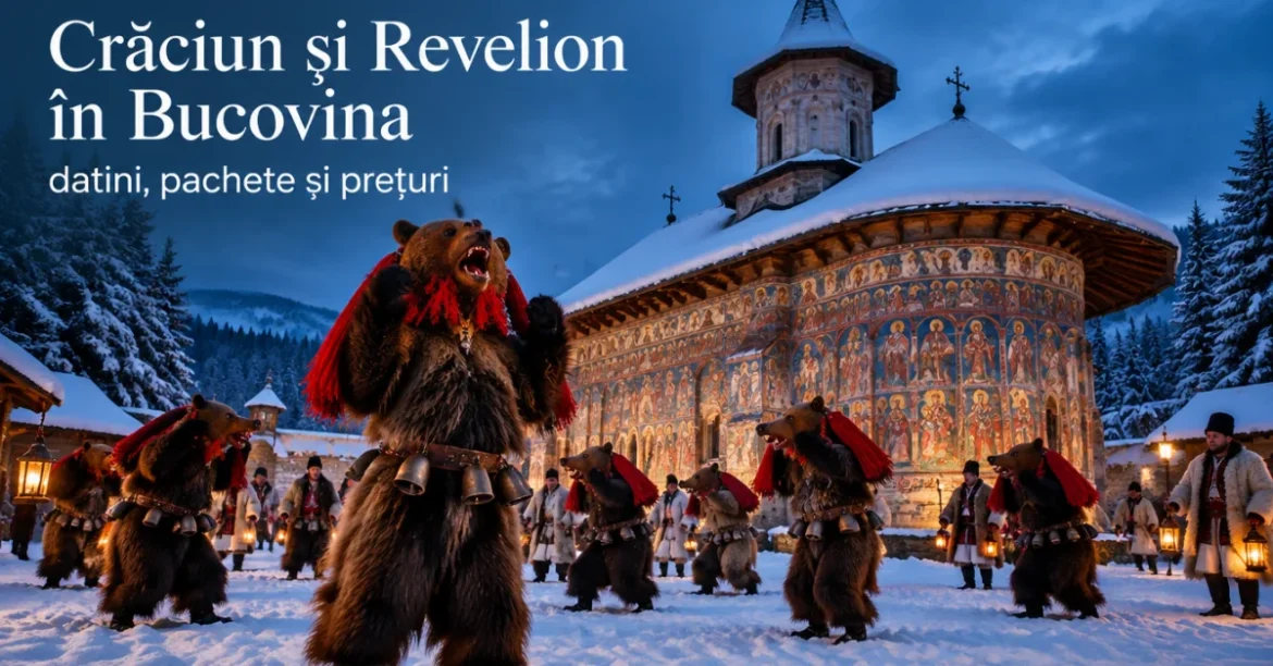 Crăciun și Revelion în Bucovina: jocul urșilor în fața unei mănăstiri pictate, iarna