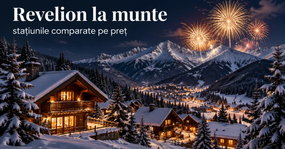Revelion la munte: sat de munte cu cabane luminate și artificii deasupra piscurilor înzăpezite