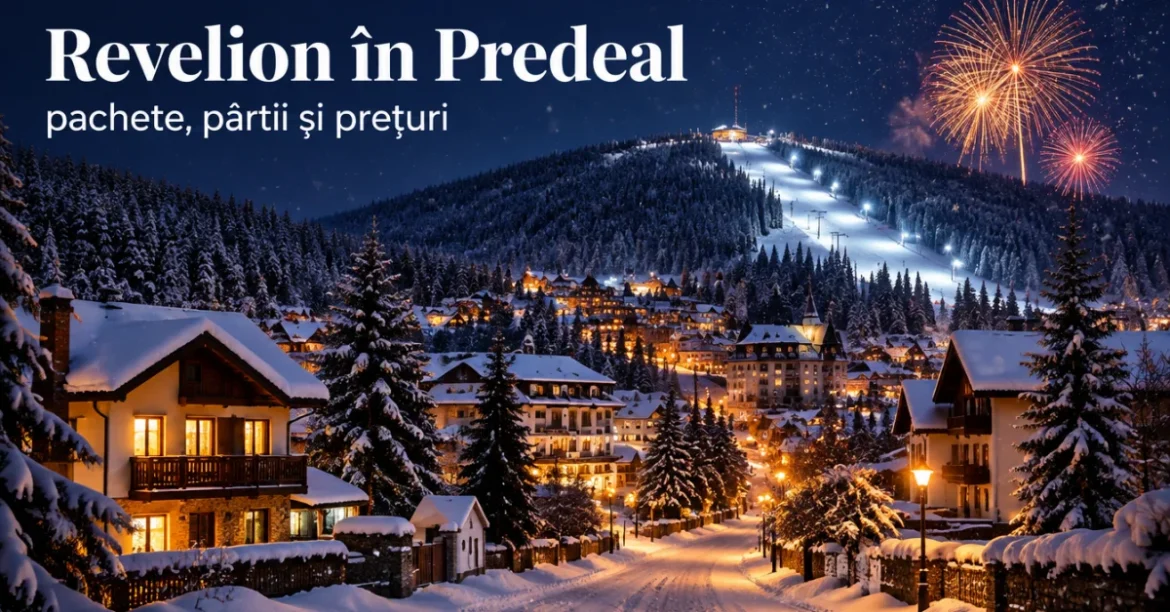 Revelion în Predeal: stațiune de munte înzăpezită noaptea, cu pârtie luminată și artificii