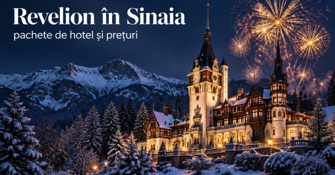 Revelion în Sinaia: castel înzăpezit noaptea, cu Munții Bucegi și artificii
