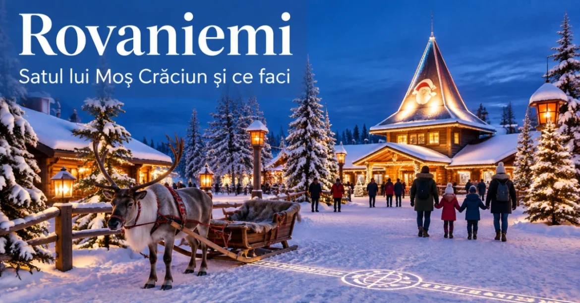 Satul lui Moș Crăciun din Rovaniemi, iarna, cu reni și luminițe