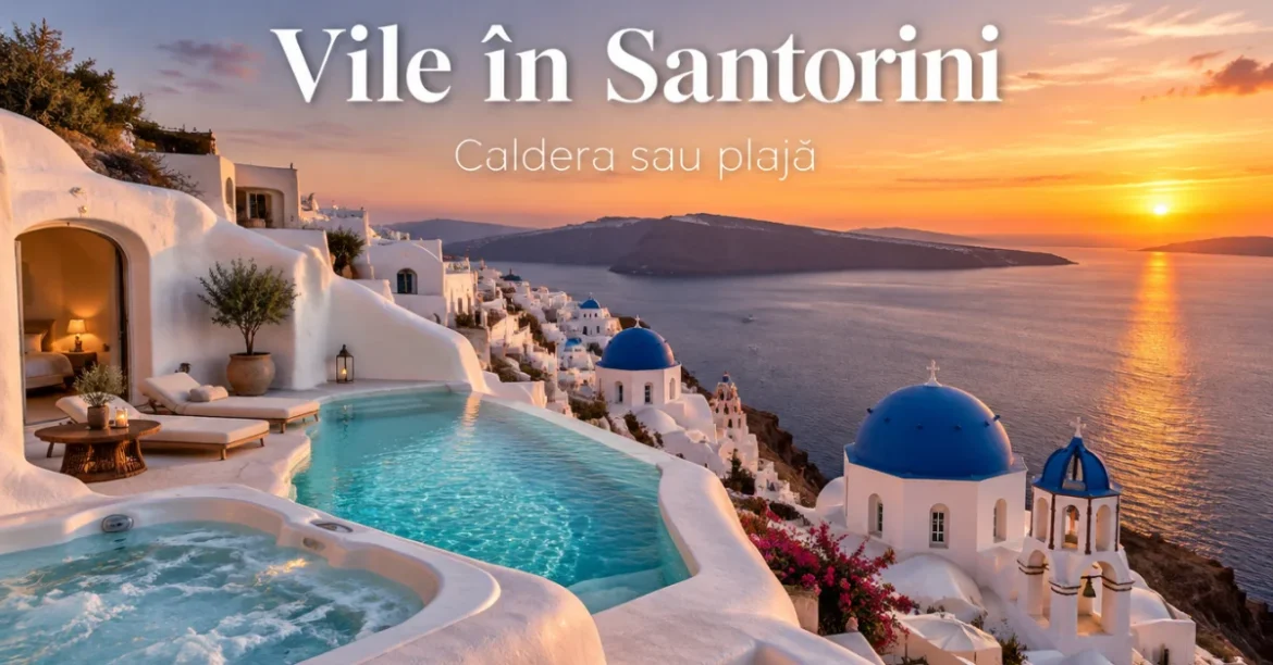 Vilă cu piscină și jacuzzi pe caldera din Santorini la apus