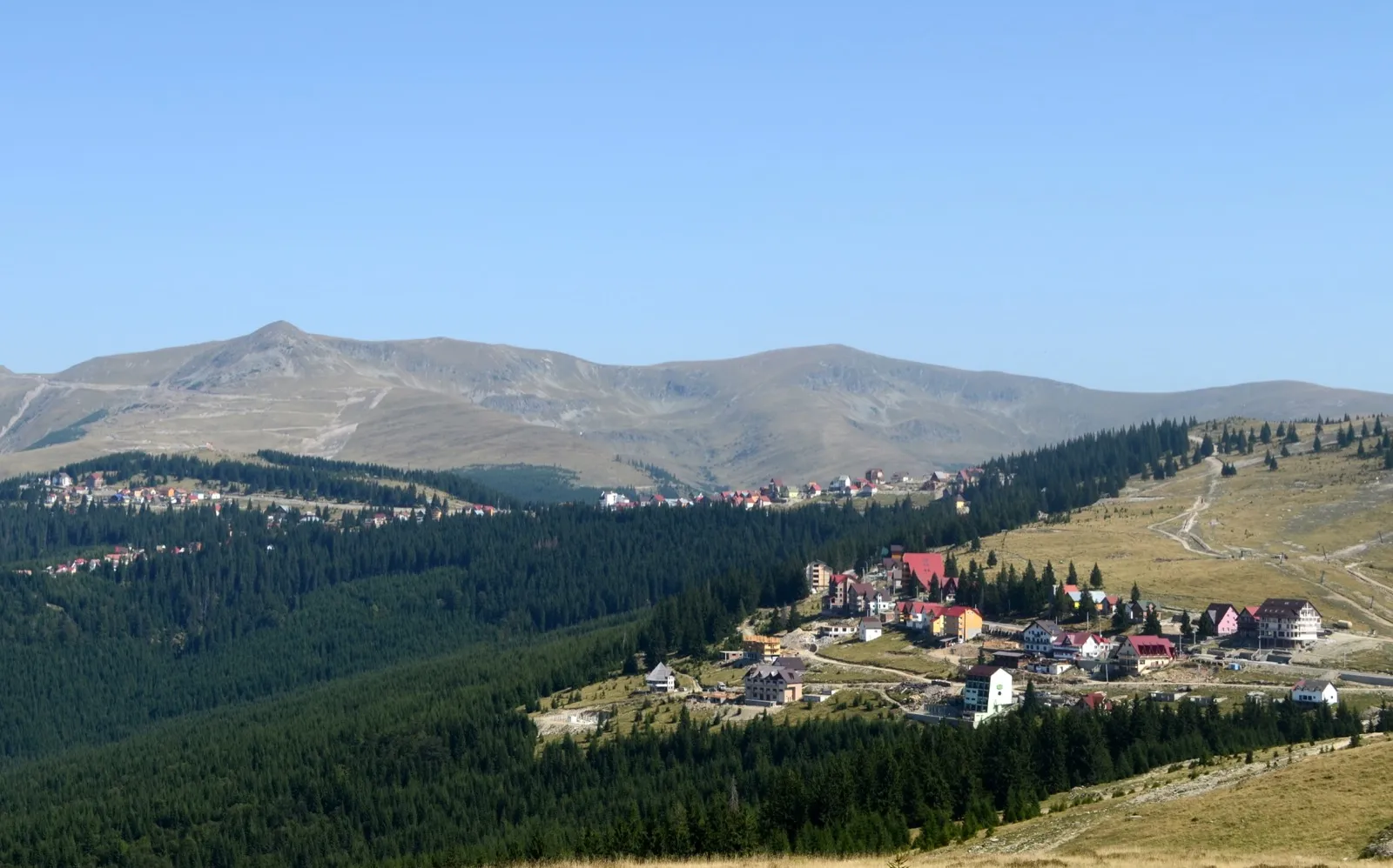 Stațiunea Rânca văzută de pe Transalpina, cu pădure de brad și Munții Parâng în spate