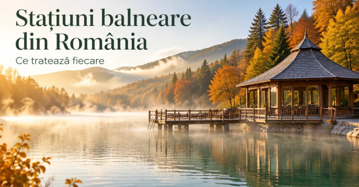 Lac termal cu aburi și pavilion de lemn, într-o pădure de munte toamna