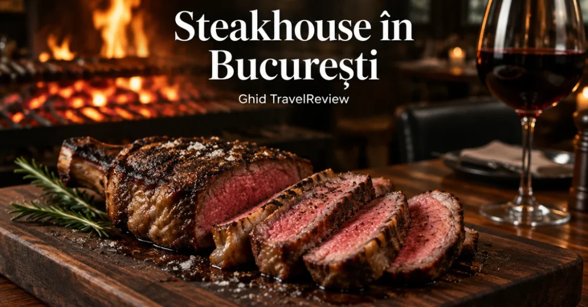 Friptură de vită maturată feliată pe un platou de lemn într-un steakhouse din București