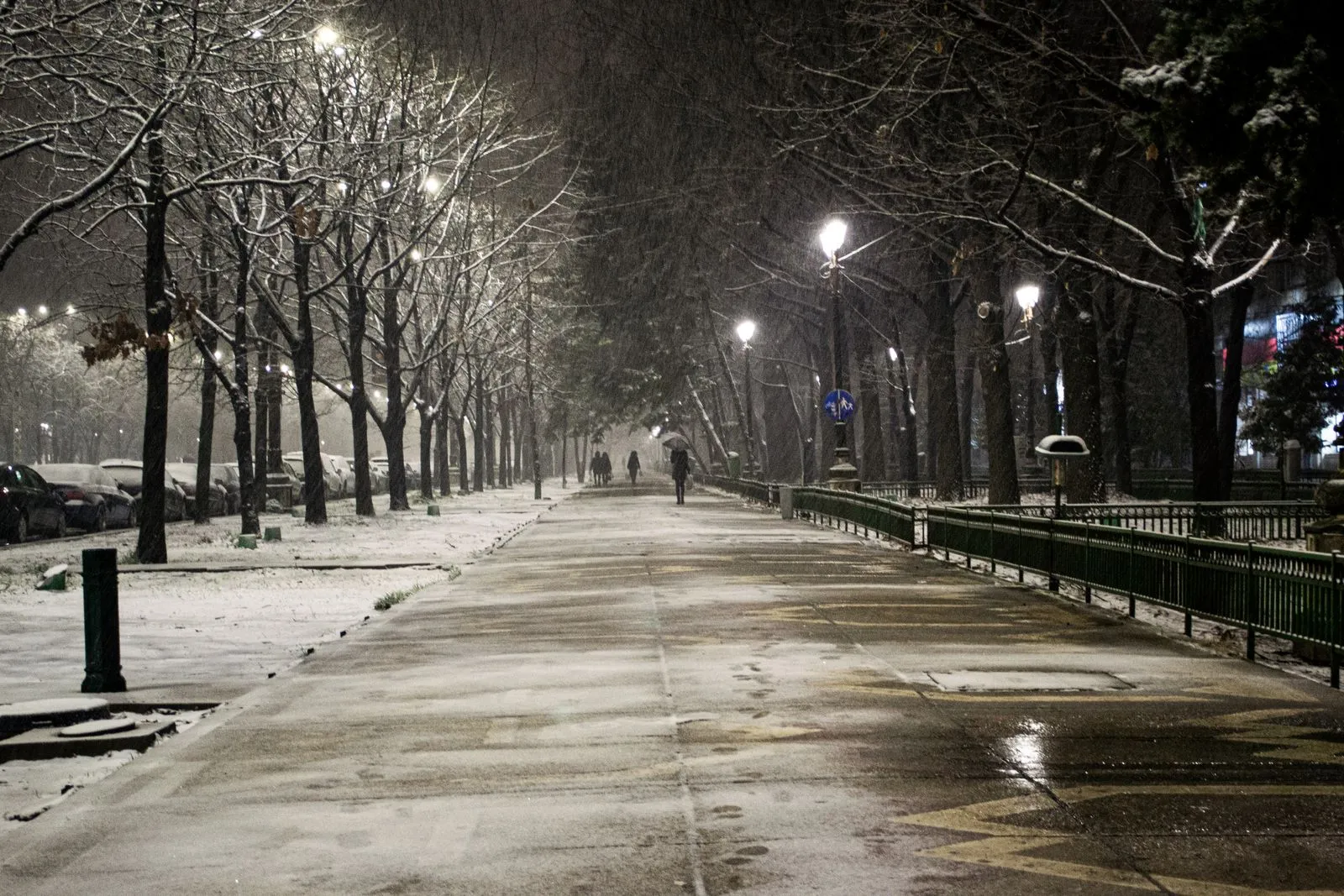 Bulevard din București acoperit de zăpadă noaptea, cu felinare aprinse și copaci fără frunze