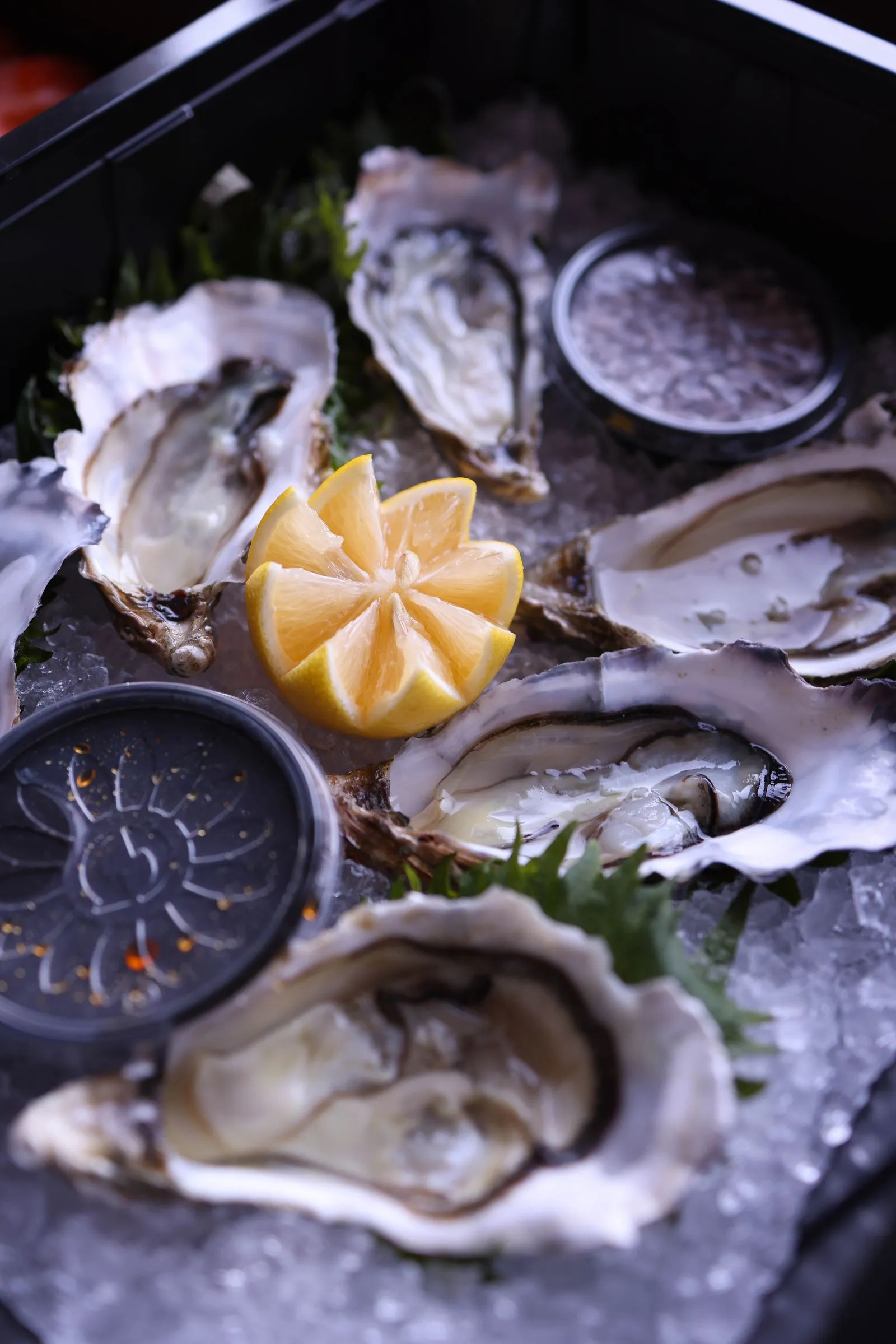 Stridii proaspete deschise, pe gheață, cu lămâie, cum se servesc în restaurantele de fructe de mare din București