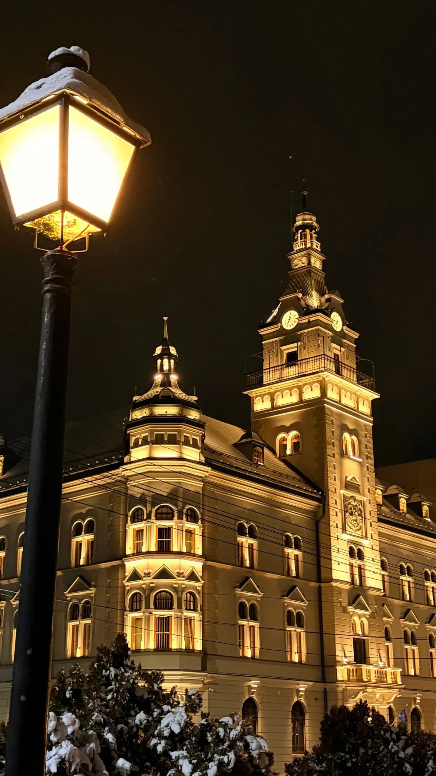 Palatul Administrativ din Suceava luminat noaptea, iarna, cu zăpadă pe copaci