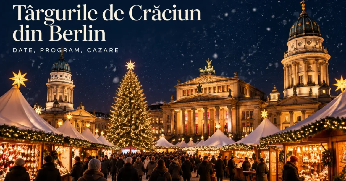 Târgul de Crăciun de la Gendarmenmarkt din Berlin, cu corturi albe și brad luminat