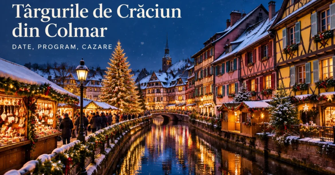 Casele cu grinzi din Colmar decorate de Crăciun, pe malul canalului