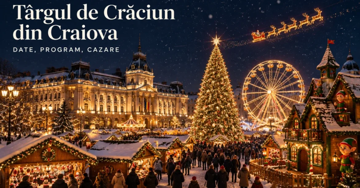 Târgul de Crăciun din Craiova noaptea, cu brad luminat, roată și sanie zburătoare