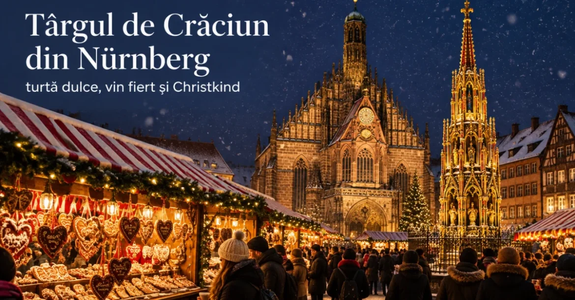 Christkindlesmarkt din Nürnberg, cu Frauenkirche și fântâna Schöner Brunnen