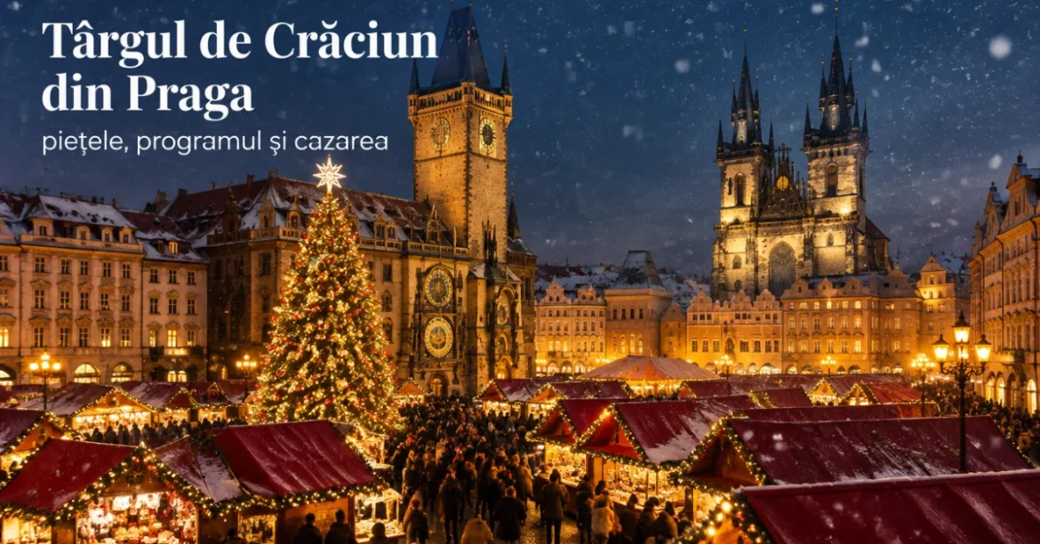 Târgul de Crăciun din Praga, Piața Orașului Vechi seara, cu bradul și turnurile Týn