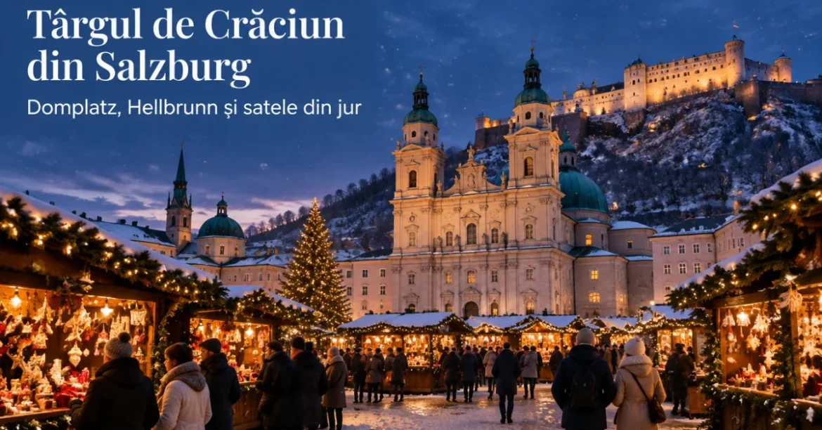 Târgul de Crăciun din Salzburg pe Domplatz, cu catedrala și cetatea Hohensalzburg