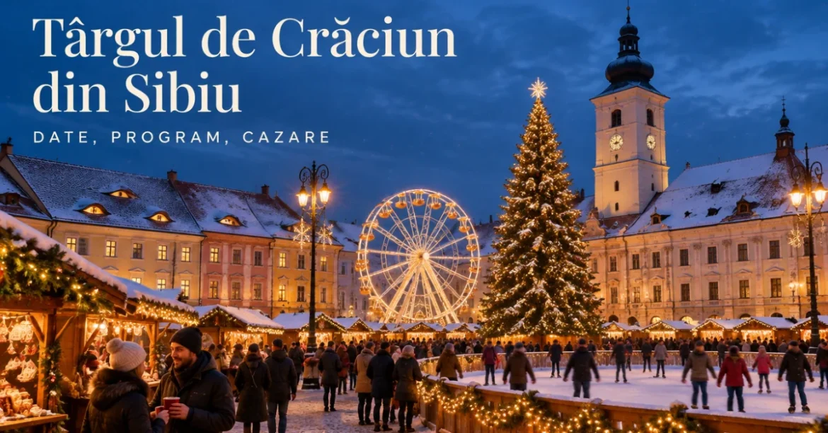 Târgul de Crăciun din Piața Mare din Sibiu, cu roată, patinoar și Turnul Sfatului