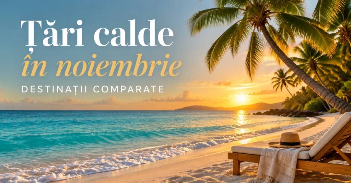 Țări calde în noiembrie: plajă tropicală cu palmieri la apus