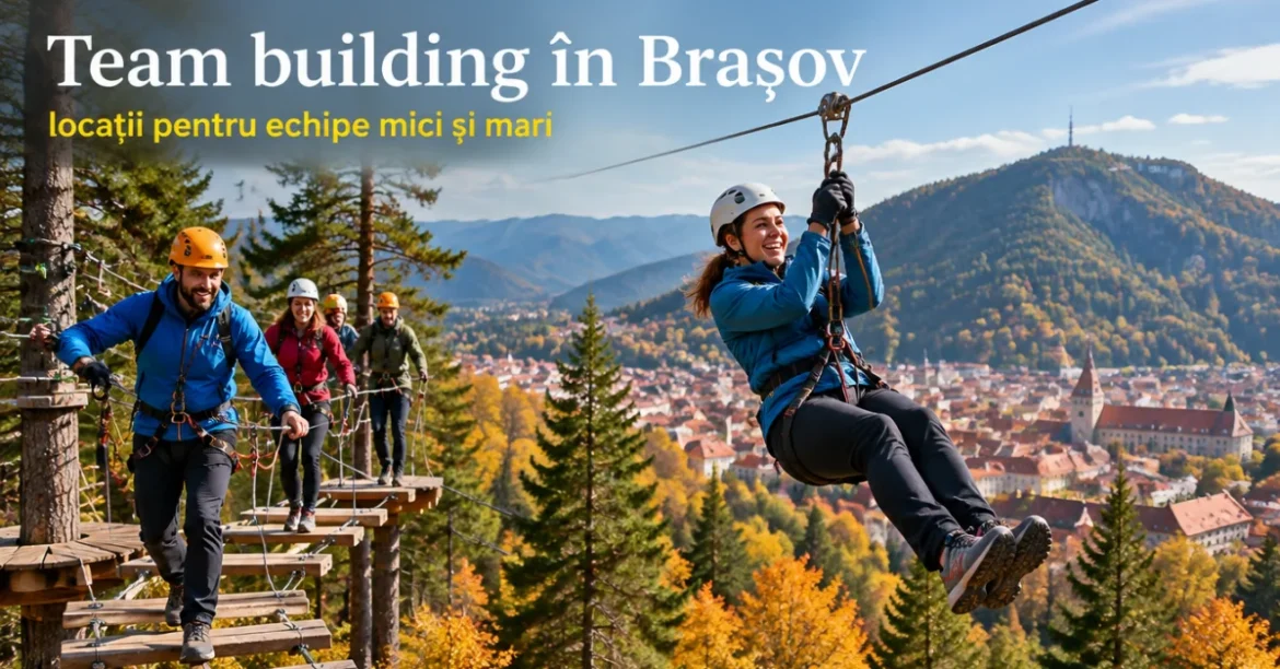 Team building în Brașov: echipă pe un traseu de aventură cu tiroliană, cu orașul și Tâmpa în fundal