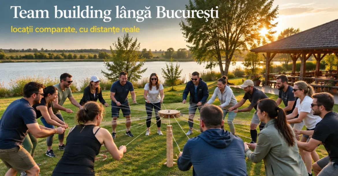 Locații de team building lângă București: echipă la o activitate în aer liber, lângă un lac