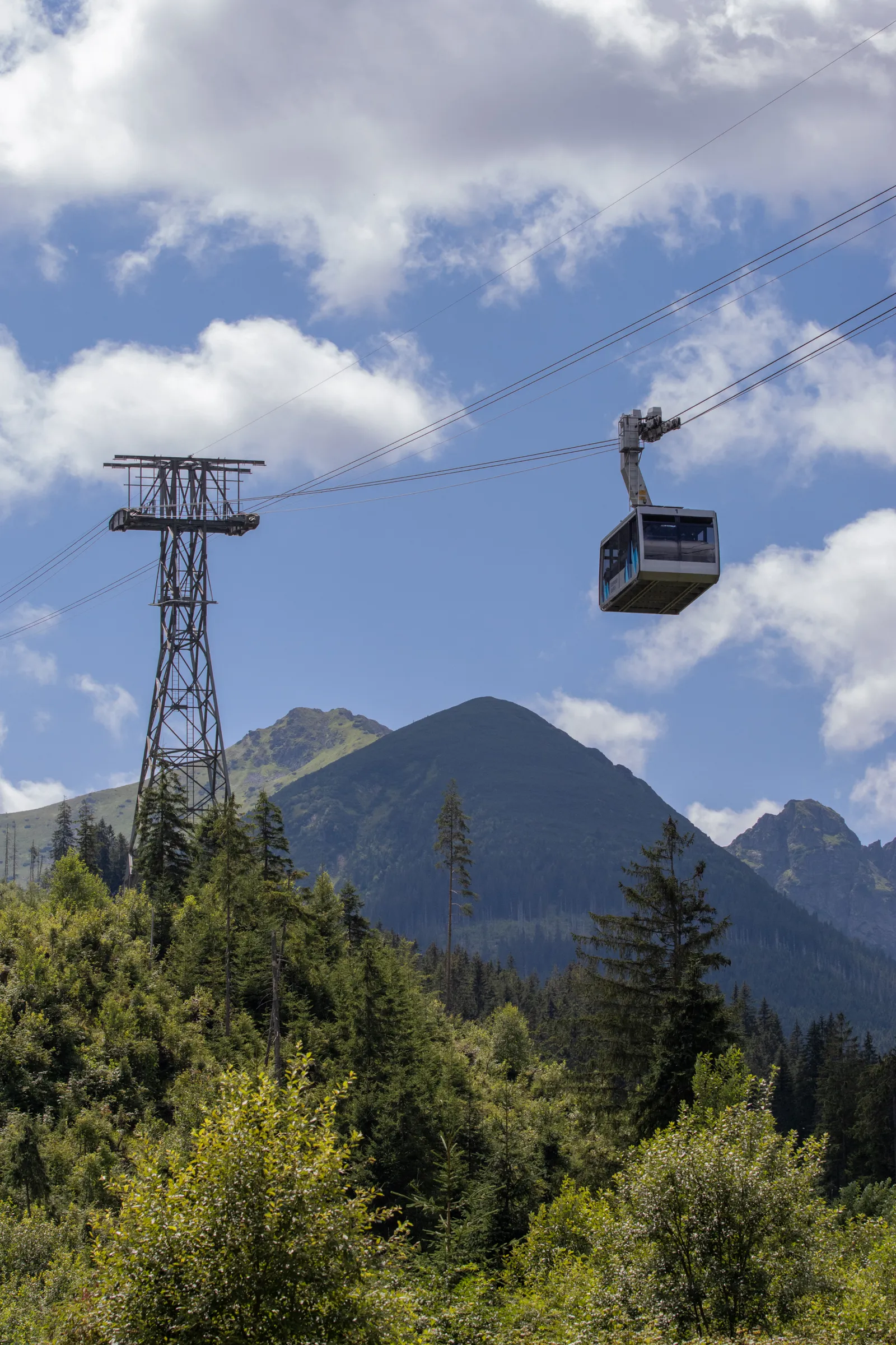 Cabina telecabinei spre Kasprowy Wierch, deasupra pădurii de lângă Kuźnice, fotografiată vara