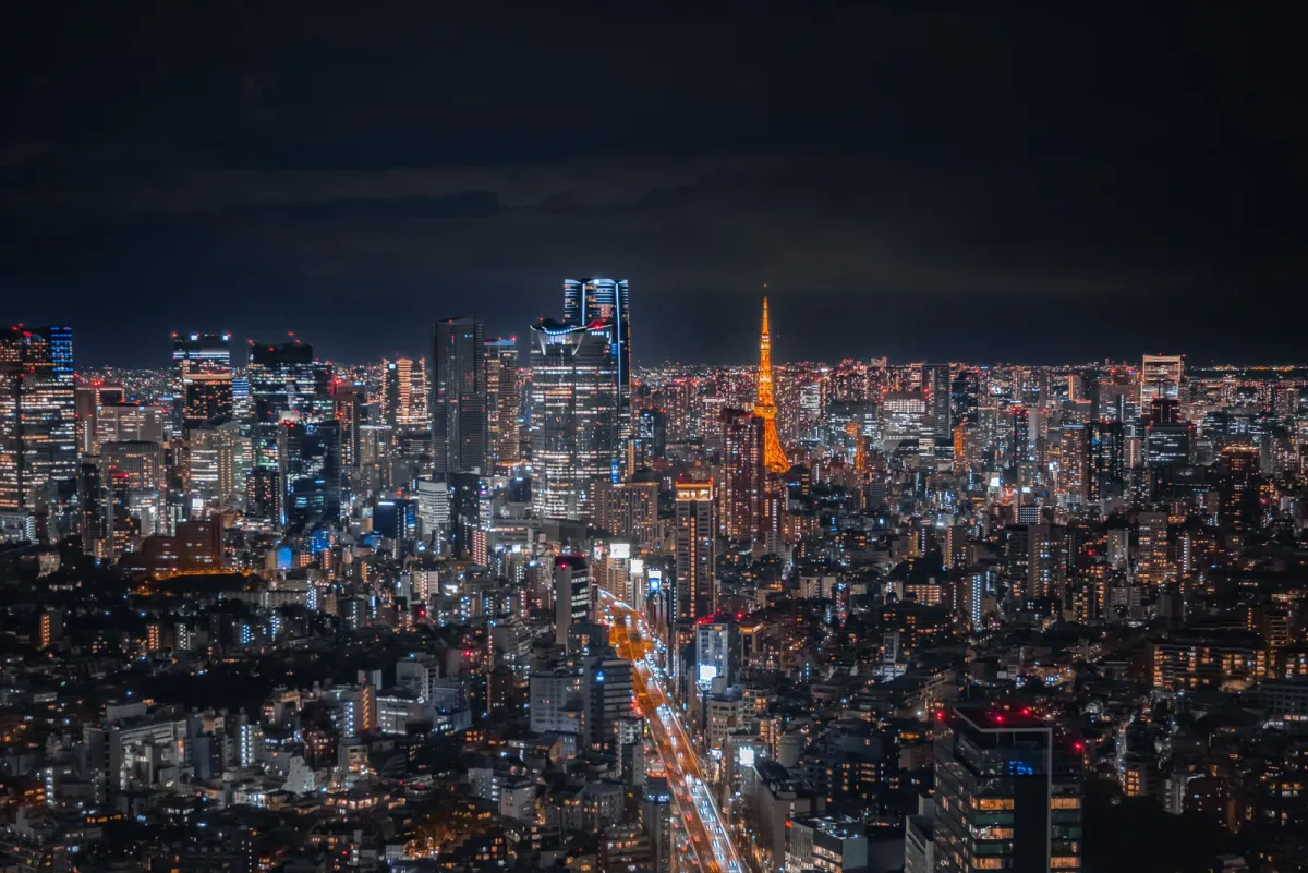 Panorama Tokyo noaptea, cu Tokyo Tower luminat printre clădiri