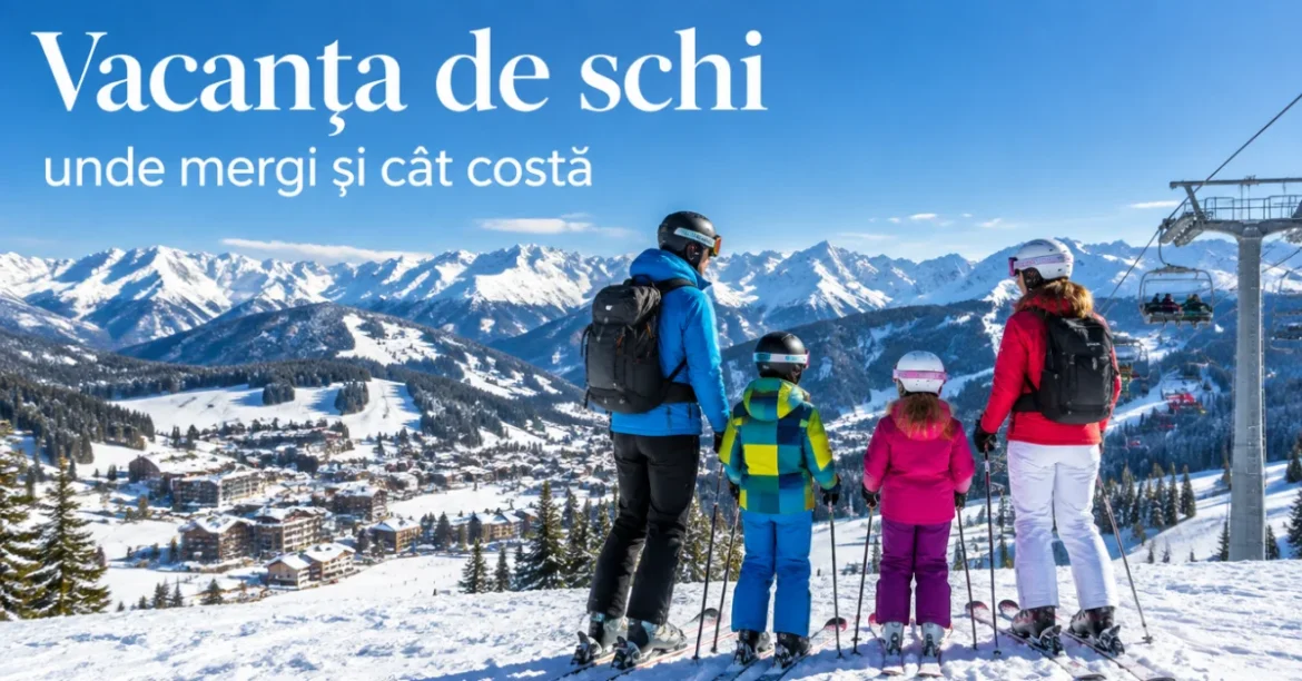 Familie în vacanța de schi, pe vârful pârtiei