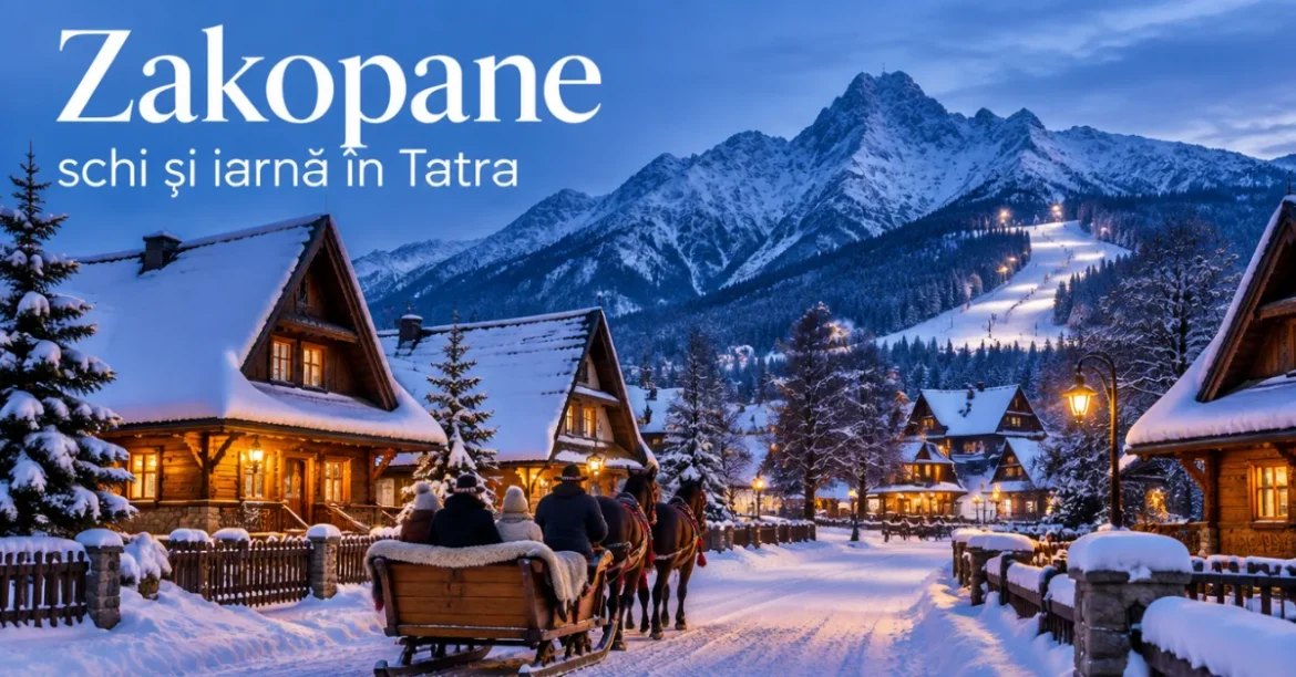 Zakopane iarna, cu case tradiționale și Munții Tatra