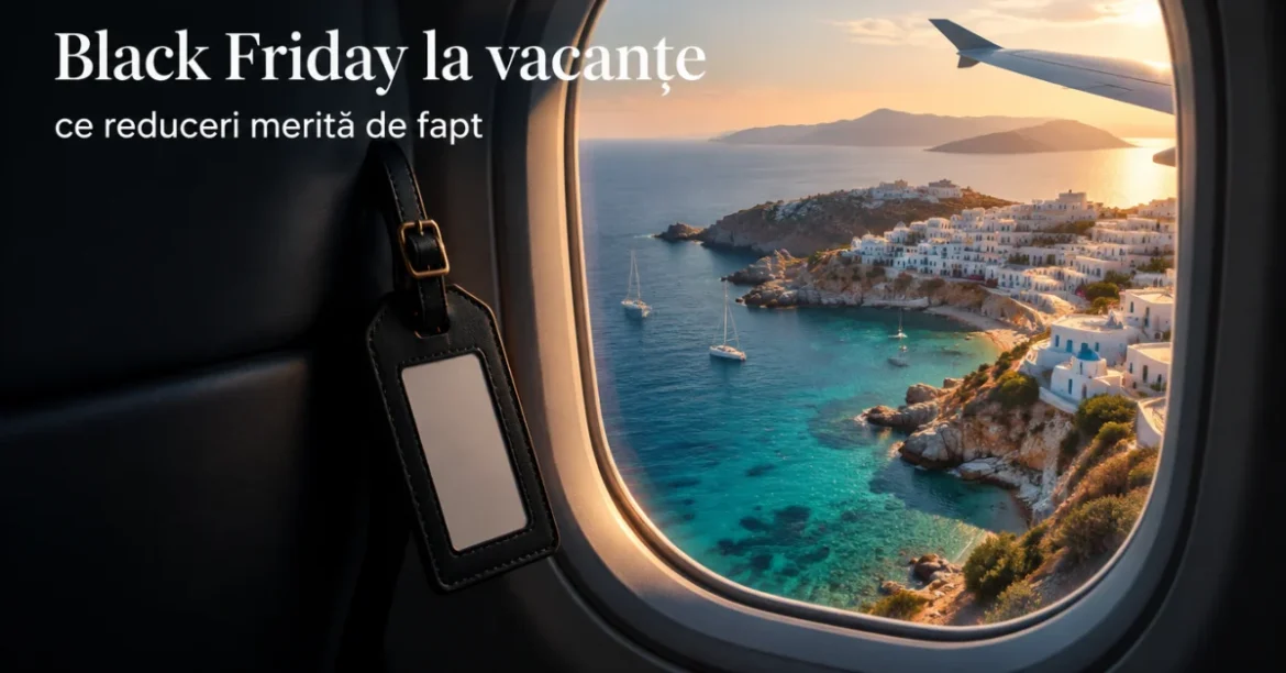 Vedere din avion spre un golf grecesc, cu titlul Black Friday la vacanțe