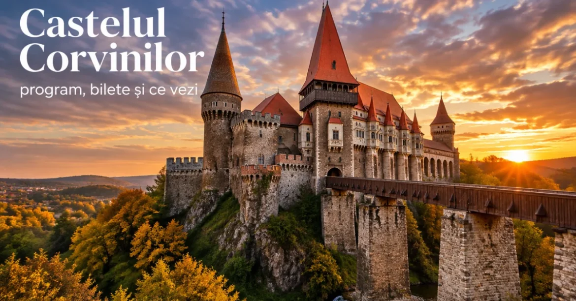 Castelul Corvinilor din Hunedoara, turnuri și podul de lemn la apus
