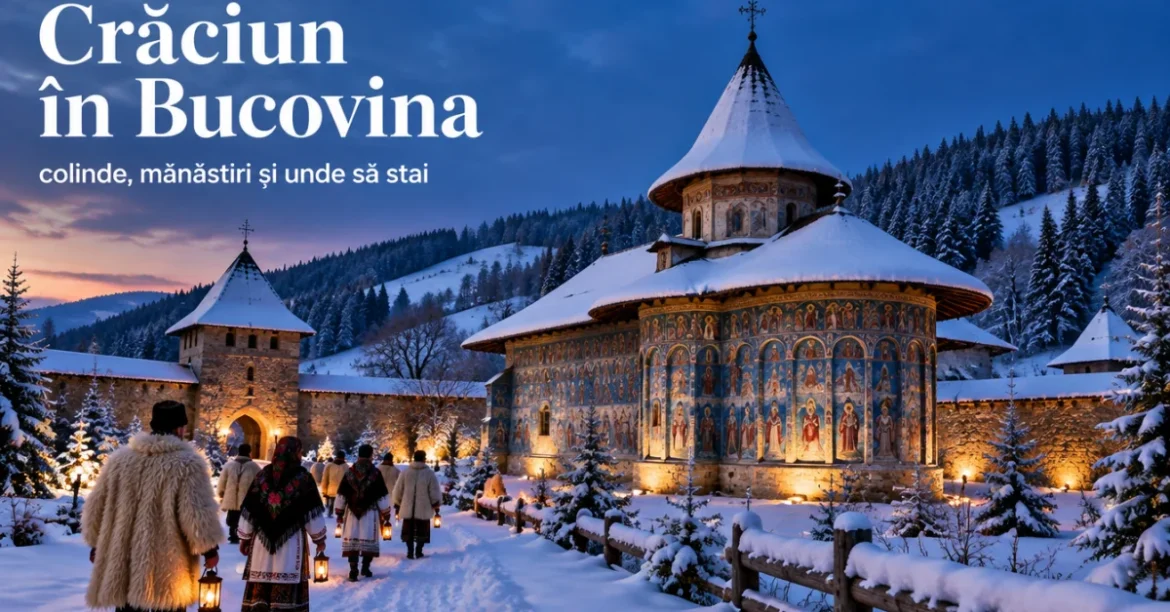 Crăciun în Bucovina, mănăstire pictată acoperită de zăpadă