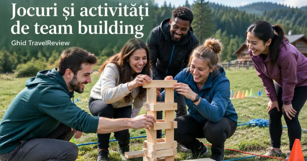 Colegi construind un turn din scânduri la un joc de echipă în aer liber, cu titlul Jocuri și activități de team building