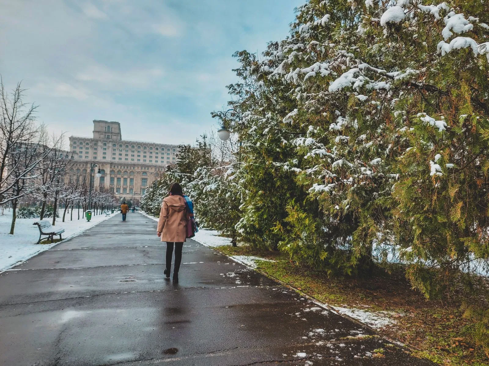 Alee cu zăpadă în Parcul Izvor din București, cu Palatul Parlamentului în fundal, iarna