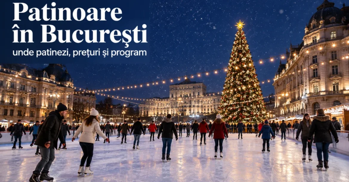 Patinoar în aer liber în București, seara, cu luminițe de Crăciun