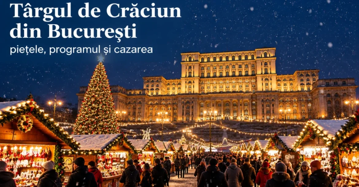 Târgul de Crăciun din București, căsuțe luminate în fața Palatului Parlamentului