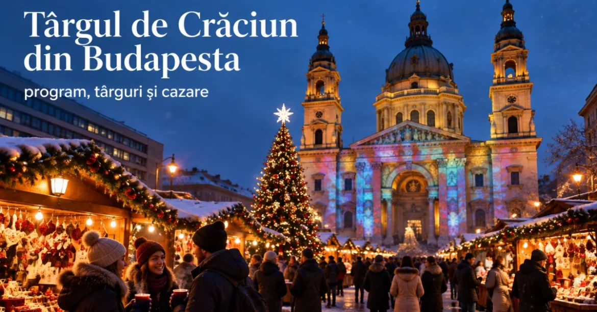 Târgul de Crăciun din Budapesta în fața Bazilicii Sfântul Ștefan, cu brad luminat și căsuțe de târg