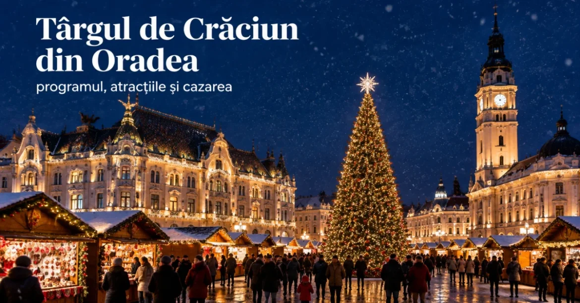 Târgul de Crăciun din Oradea, Piața Unirii cu clădiri Art Nouveau iluminate