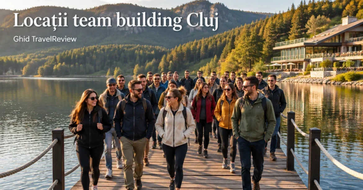 Echipă pe un ponton la un lac din Apuseni, cu titlul Locații team building Cluj