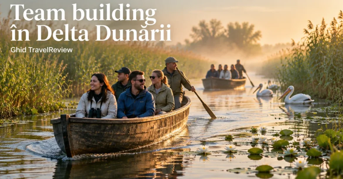 Colegi într-o barcă pe un canal din Delta Dunării, cu pelicani, și titlul Team building în Delta Dunării