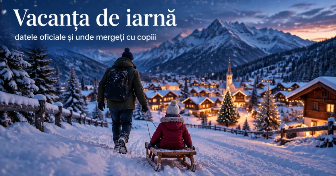 Familie cu sanie într-o stațiune de munte iarna, cu titlul Vacanța de iarnă