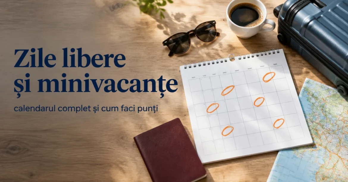 Calendar cu zile libere încercuite, pașaport și troler pentru minivacanțe